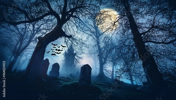 Obraz コウモリが舞う夜の森の墓、ハロウィン背景