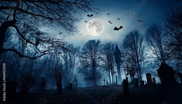 Obraz コウモリが舞う夜の森の墓、ハロウィン背景