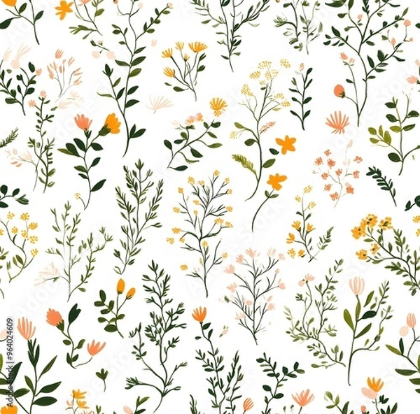 Fototapeta A whimsical pattern of tiny wildflowers and plants