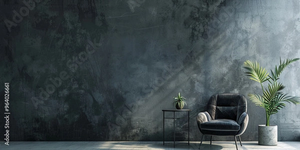 Fototapeta Modern Living Room with Large Black Sofa, Coffee Table, and Sunlit Potted Plant