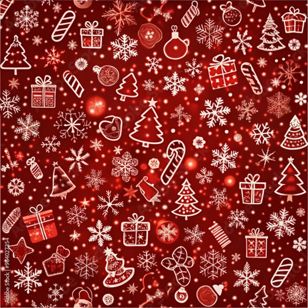 Obraz Festive Christmas pattern with gifts, snowflakes, and decorations on red background

