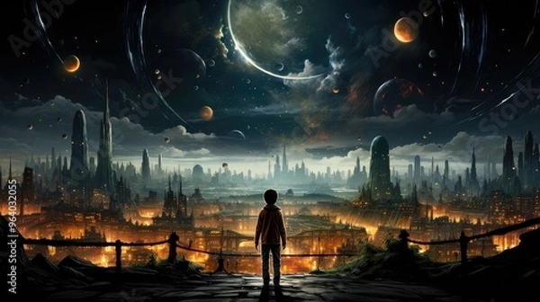 Fototapeta realistic planetary background outer space galaxy sky nebula imagine stars moonlight fantasy astronomy lanscape 