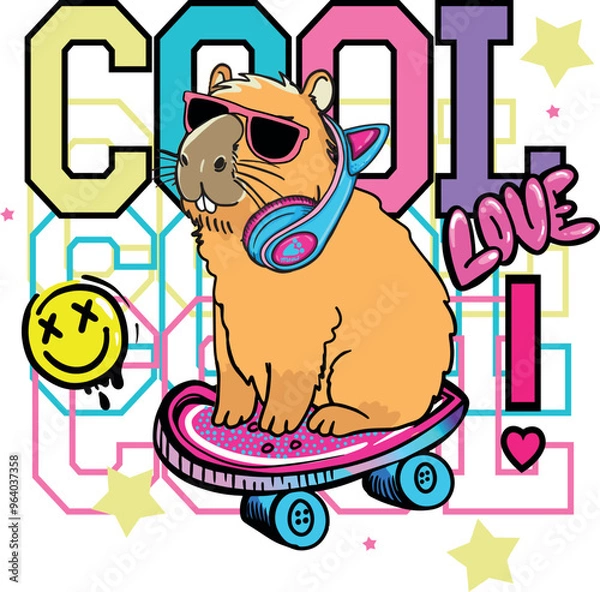 Fototapeta Girlish print with capybara on skate. Typography slogan  for t-shirts.  for greeting card, t shirt printing and embroidery, Graphic tee and printed tee. Girlish print