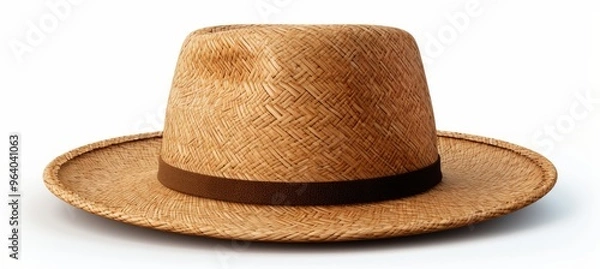 Fototapeta Handcrafted straw hat with a brown band resting on a white surface in natural light