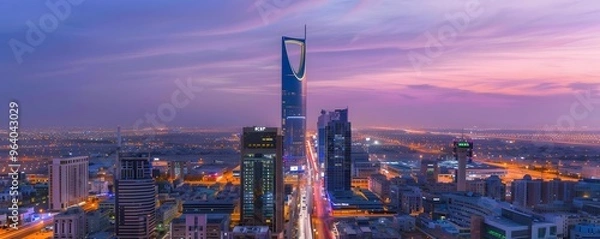 Obraz Kingdom Tower and Cityscape at Dusk in Riyadh, Saudi Arabia