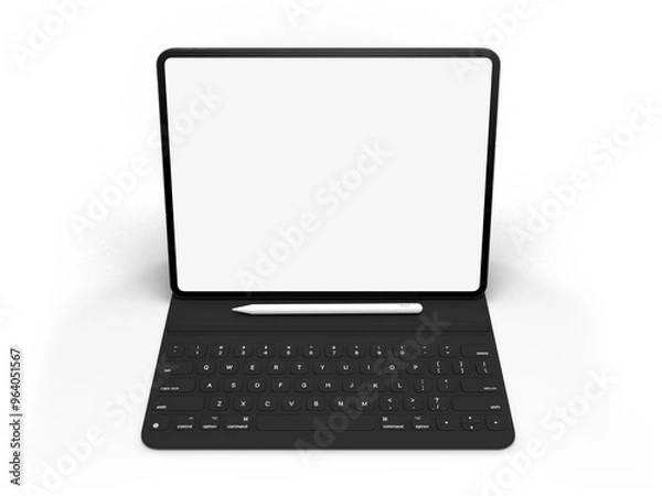 Fototapeta Modern Digital tablet empty screen with keyboard and pen. Mockup template for presentation branding, corporate identity, advertising, identity global business, website design, app