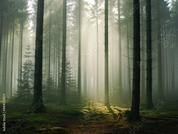 Fototapeta Enchanted Forest Sunrays Peering Through Mist