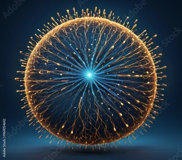 Fototapeta A glowing spherical network of light with radiating lines and points creates a mesmerizing visual effect. Set against a dark blue background, the intricate design suggests energy, connectivity, and