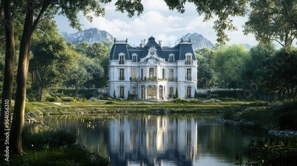 Fototapeta Majestic building with elegant design by a still body of water, reflecting the surrounding nature with a realistic background