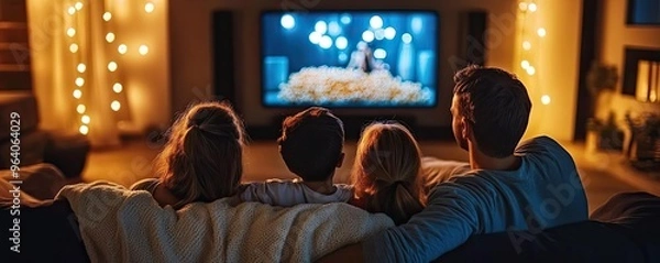 Obraz A family having a movie night with popcorn, blankets, and a cozy sofa, all cuddled up in front of the TV
