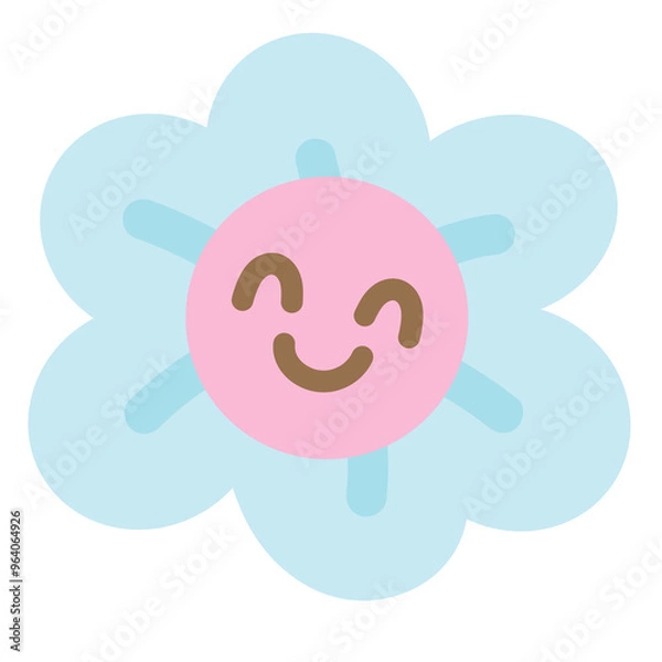 Fototapeta Illustration of smiling pastel blue and pink flower for floral print, cartoon character, comic, mascot, spring time, summer break, blossom, nature, garden, yard, park, sticker, cute patches, brooch