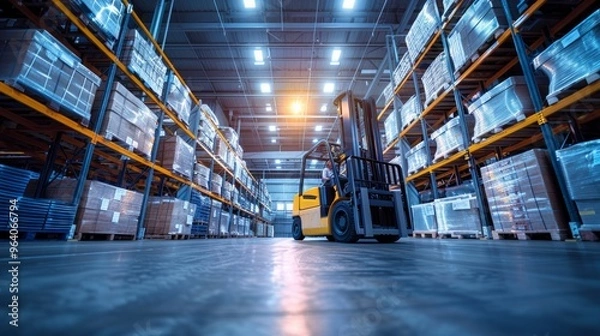 Fototapeta Forklift loader in action, efficient pallet stacking, warehouse equipment operation, focus on logistics and storage, dynamic warehouse scene, AI Generative