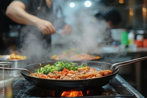 Fototapeta A chef cooking food in a pan on a stovetop. This image is perfect for illustrating restaurant food, cooking, or the culinary arts.