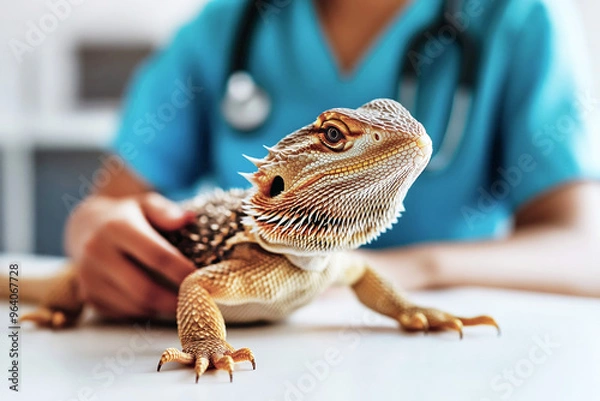 Fototapeta Bearded dragon on white table being examined by veterinarian in blue coat with stethoscope. Close-up of lizard.Generative AI