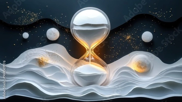 Fototapeta Hourglass depicted in paper art style, featuring delicate cut-outs and layered elements to highlight the flowing sand and glass structure.
