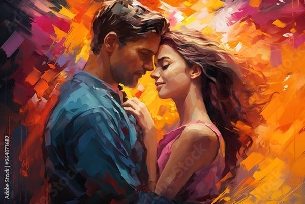 Fototapeta Digital painting of a young couple in love embracing each other in front of colorful background