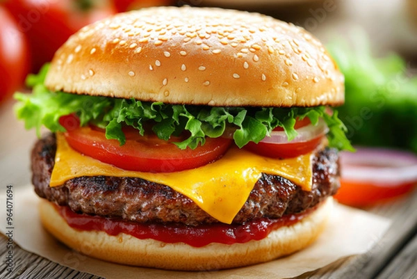 Fototapeta Delicious And Juicy Multilayered Burger On The Table For Advertising And Graphic Collabs Created With Artificial Intelligence
