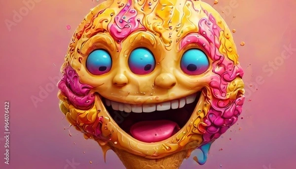 Fototapeta A vibrant and playful ice cream cone with a smiling face, decorated in a mix of pink, yellow, and orange colors. This cheerful dessert is perfect for adding a touch of joy to any summer day or