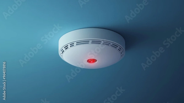 Fototapeta Ceiling fire detector with flat design and red indicator light, mounted on blue wall.