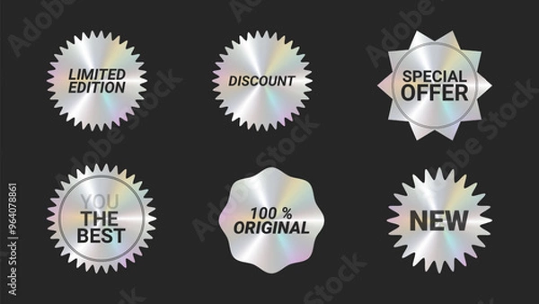 Fototapeta Holographic stickers logos emblem labels color set. Metallic effect. For packaging product of promotional material. Sticker for clothes or accessories. Vector illustration.