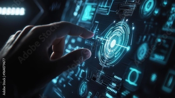 Fototapeta Hand touching a glowing healthcare icon on a futuristic digital interface in a clean medical environment, symbolizing the future of healthcare technology