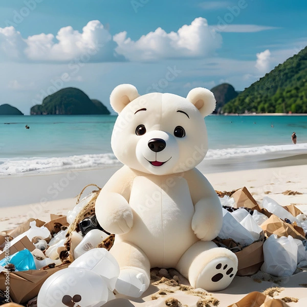 Obraz smiling polar bear helping clean the beach. recycle concept. Generative AI
