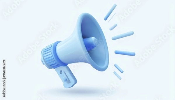 Obraz A 3D megaphone isolated on a white background used for loud announcements and communication, featuring a blue speaker horn and hand grip
