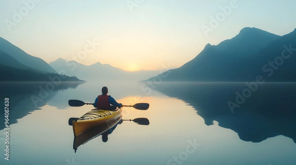 Obraz A person kayaking on a still lake with mountains in the distance, illuminated by the soft light of a morning sunrise casting reflections on the water