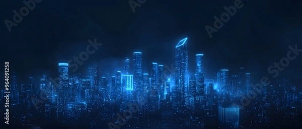 Fototapeta Abstract digital cityscape background with glowing blue lights