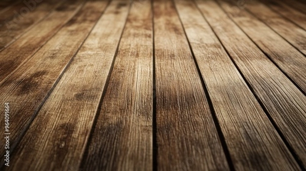 Fototapeta A close-up view of a slatted wooden floor, showcasing its aged, textured grain in a 3D-rendered space.