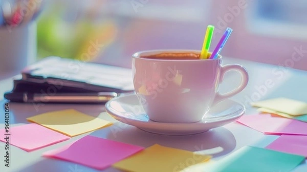 Fototapeta A cup of coffee on a table with sticky notes in pastel colors and a highlighter, for creative brainstorming. No logo, no people.