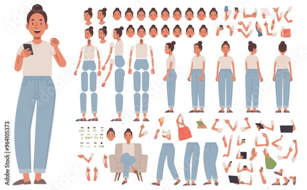 Fototapeta Girl character constructor. Young woman in casual clothes. Set of different positions of hands, legs, head for creating animation