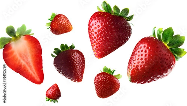 Fototapeta  strawberries like the furthest, some are split, isolated on transparent background