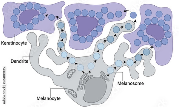 Fototapeta Detailed Illustration of Melanin Pigment Secretion by Melanocytes: Melanosome Transfer to Keratinocytes in Skin Pigmentation Process