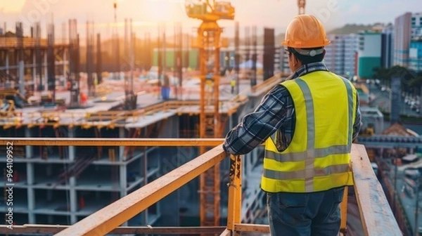 Fototapeta Construction Worker Overlooking Building Site at Sunset