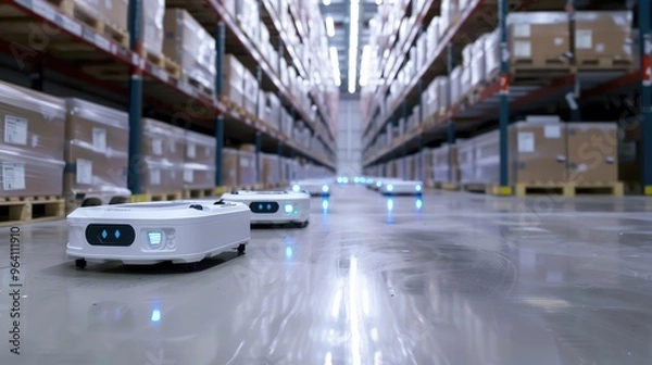 Fototapeta Autonomous Robots Navigating Modern Warehouse