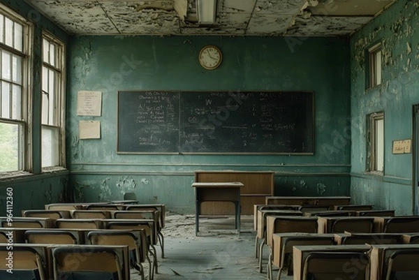 Fototapeta Post-apocalyptic school, its classrooms empty and echoing, with faded lessons still visible on chalkboards