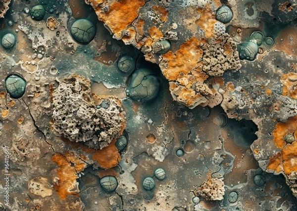 Fototapeta Weathered rock surface with orange and green lichen
