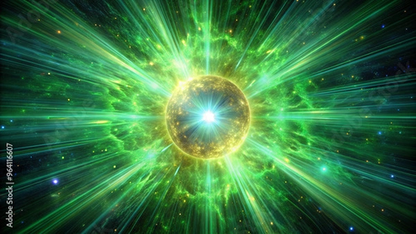Fototapeta Bright green beams of light burst from a central glowing sphere, creating a captivating spectacle in a rich cosmic environment filled with stars