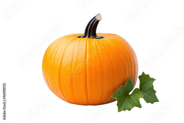Obraz A vibrant orange pumpkin with a smooth texture and green leaves, perfect for autumn decorations and seasonal recipes.