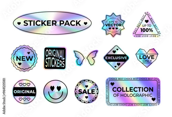 Fototapeta Hologram stickers on a transparent background. Trendy shiny stickers in 2000 x style