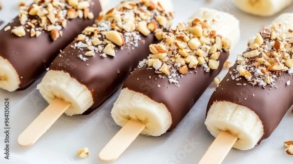 Fototapeta Frozen banana halves dipped in chocolate, sprinkled with chopped nuts and coconut flakes, arranged on wooden sticks. A delicious and healthy frozen treat.