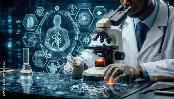 Fototapeta Innovative medical research with a scientist using a microscope and digital data visualization for advanced healthcare and biotechnology analysis
