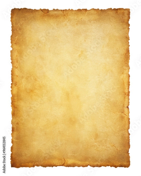 Fototapeta Aged vintage parchment paper texture with a worn and weathered look, featuring rough edges and a warm, golden tone. Isolated on transparent background, png.
