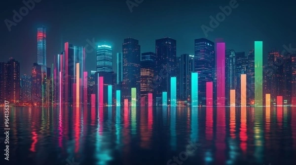 Fototapeta A city skyline at night with overlaid financial bar graphs, symbolizing the connection between urban development and economic growth, with vibrant colors