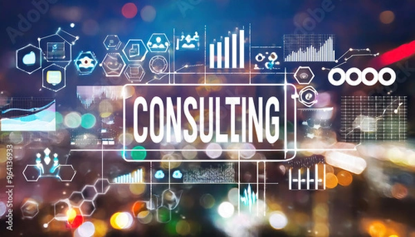 Fototapeta Consulting with vibrant city lights and data analytics concept