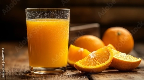 Fototapeta A close-up of a glass of freshly squeezed orange juice with condensation droplets, placed on a wooden table with sliced oranges beside it, symbolizing freshness and vitality.