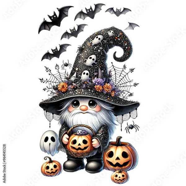 Fototapeta Adorable Halloween gnome dressed as a witch with a pointed hat adorned with pumpkins and flowers, holding a basket of jack-o'-lanterns. Surrounding bats, spiders, and cobwebs complete the spooky theme