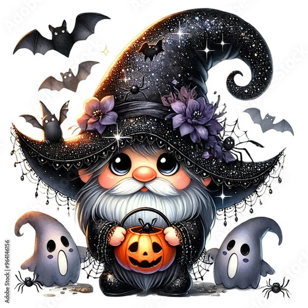 Fototapeta Adorable Halloween gnome dressed as a witch with a pointed hat adorned with pumpkins and flowers, holding a basket of jack-o'-lanterns. Surrounding bats, spiders, and cobwebs complete the spooky theme