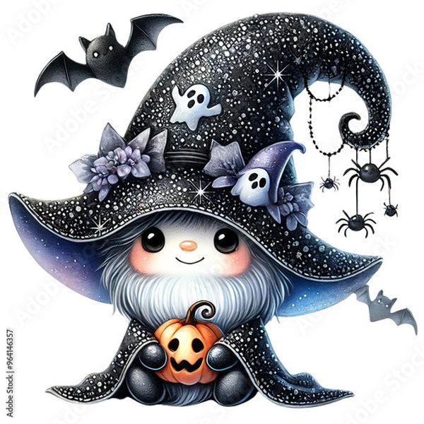 Fototapeta Adorable Halloween gnome dressed as a witch with a pointed hat adorned with pumpkins and flowers, holding a basket of jack-o'-lanterns. Surrounding bats, spiders, and cobwebs complete the spooky theme